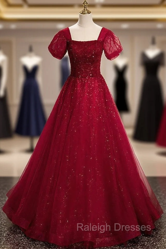 Burgundy Tulle Square Puff Sleeve Beading Prom Dress