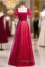 Burgundy Tulle Square Short Sleeve Beading Prom Dress