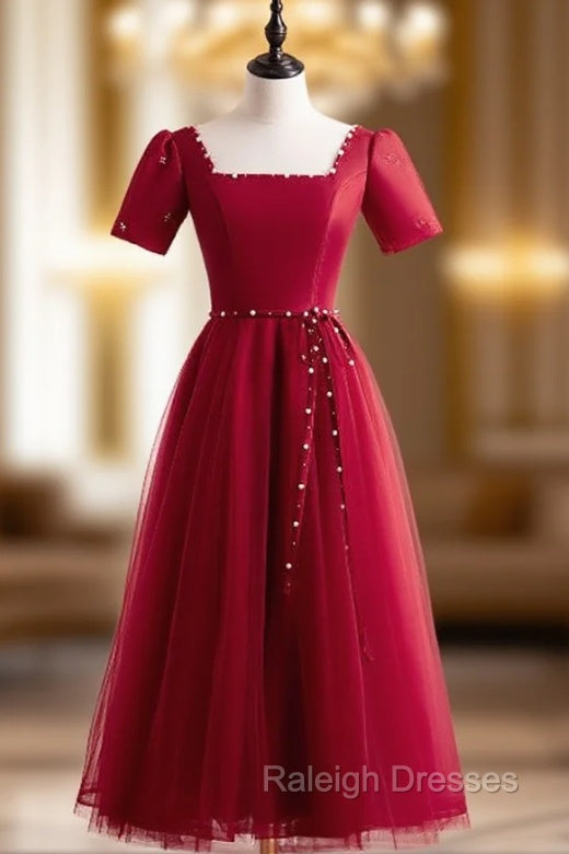 Burgundy Tulle Square Short Sleeve Pearls Prom Dress
