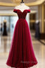 Burgundy Tulle Star Sequins Cap Sleeve Prom Dress