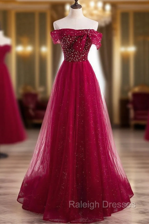 Burgundy Tulle Star Sequins Off the Shoulder Beading Prom Dress Main image