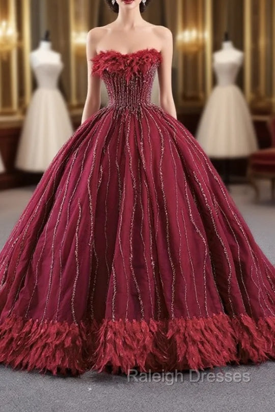 Burgundy Tulle Strapless Beading Feather Prom Dress Main image