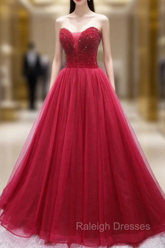 Burgundy Tulle Strapless Beading Prom Dress