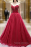 Burgundy Tulle Strapless Beading Prom Dress