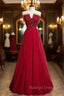 Burgundy Tulle Strapless Beading Prom Dresses