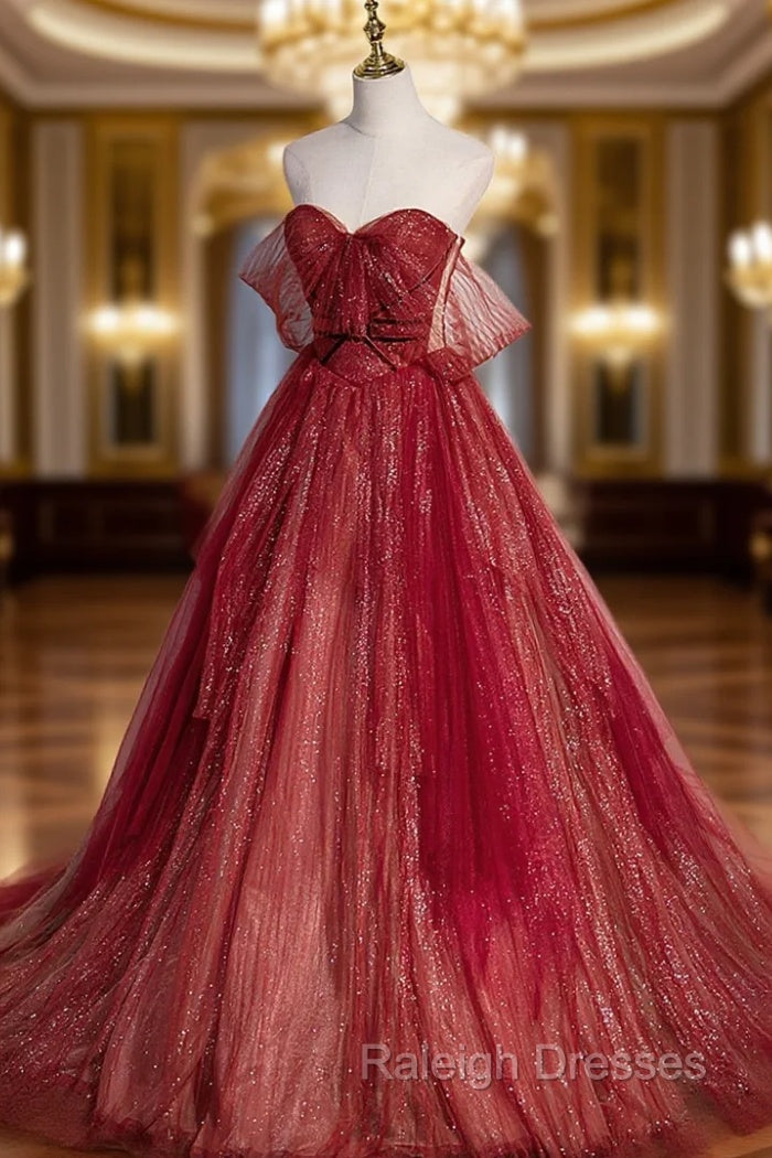 Burgundy Tulle Strapless Floor Length Prom Dresses A Line Prom Graduation Dresses