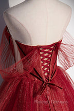 Burgundy Tulle Strapless Floor Length Prom Dresses A Line Prom Graduation Dresses