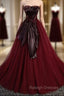 Burgundy Tulle Strapless Pleats Bow Prom Dress