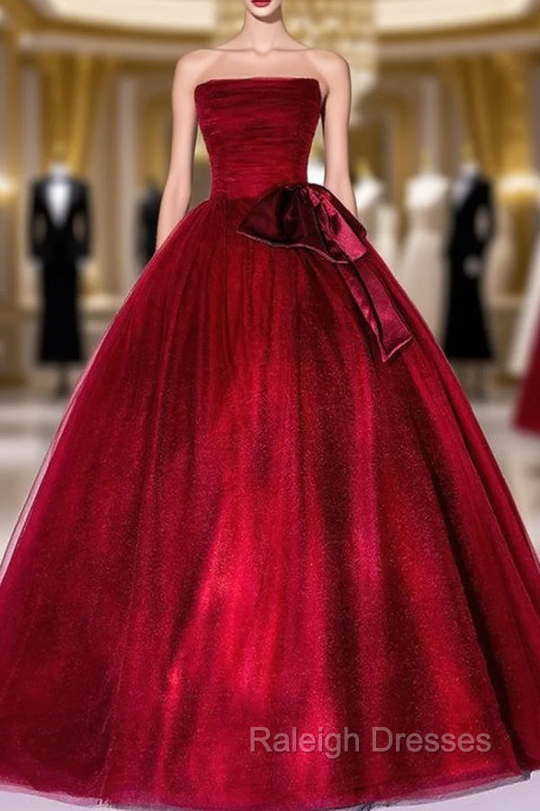 Burgundy Tulle Strapless Pleats Quinceanera Dress