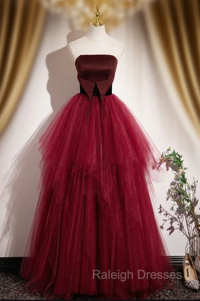 Burgundy Tulle Strapless Prom Dress