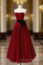 Burgundy Tulle Strapless Tea Length Prom Dress