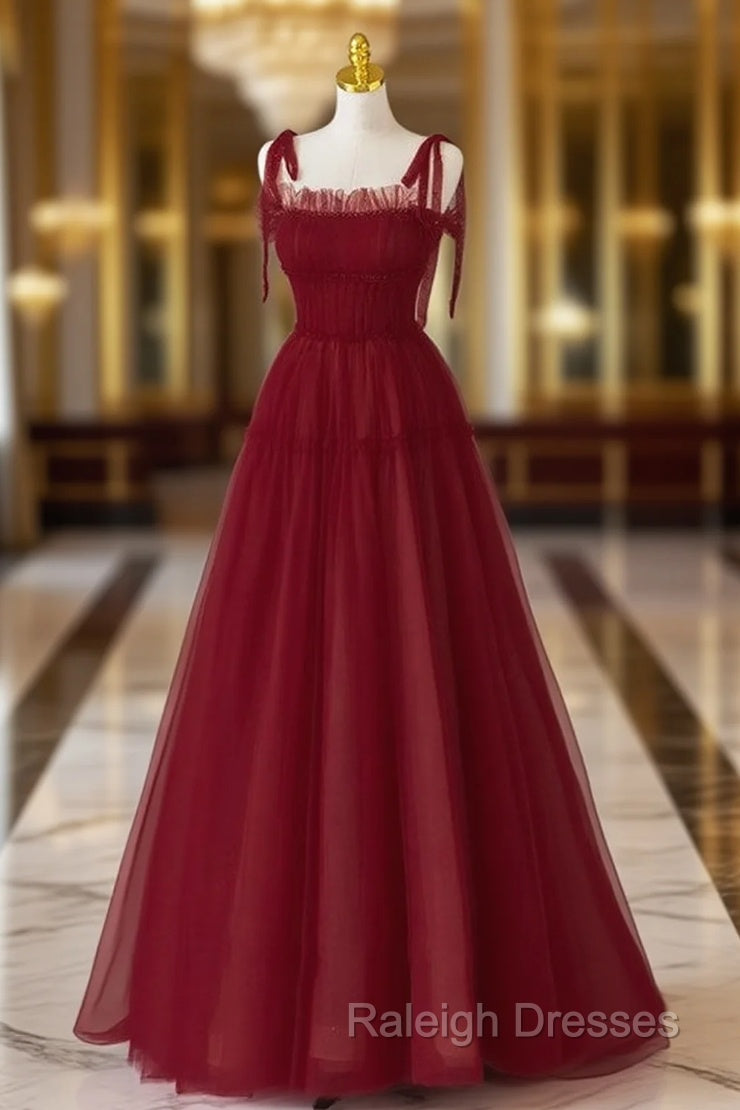 Burgundy Tulle Straps Beading Prom Dress