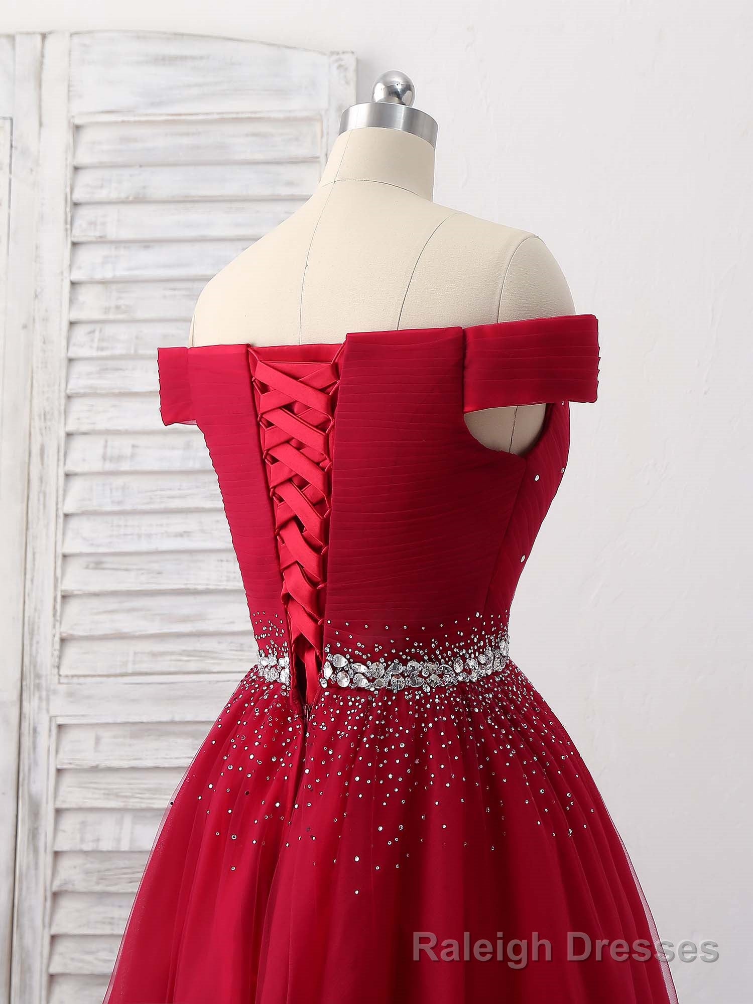 Burgundy Tulle Sweetheart Neck Long Prom Dress, Burgundy Evening Dress