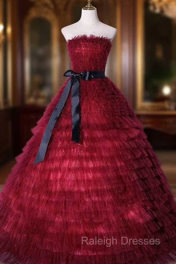 Burgundy Tulle Tiers Strapless Quinceanera Dress