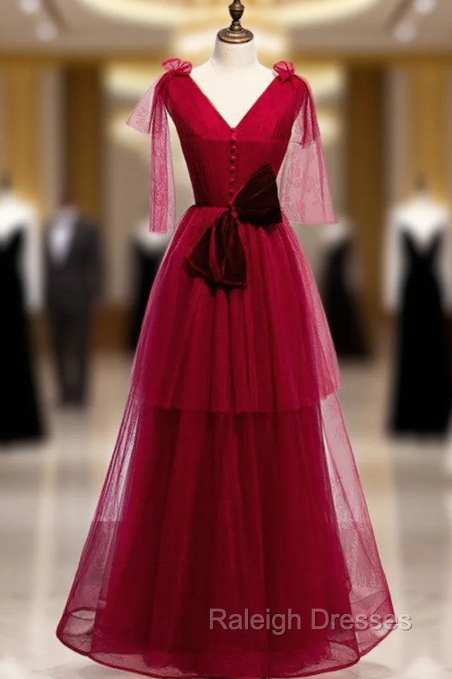 Burgundy Tulle V-neck Pleats Long Prom Dress With Bow