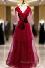 Burgundy Tulle V-neck Pleats Long Prom Dress With Bow