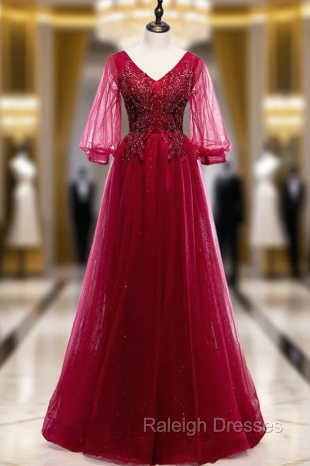 Burgundy Tulle V-neck Puff Sleeve Beading Prom Dress Main image