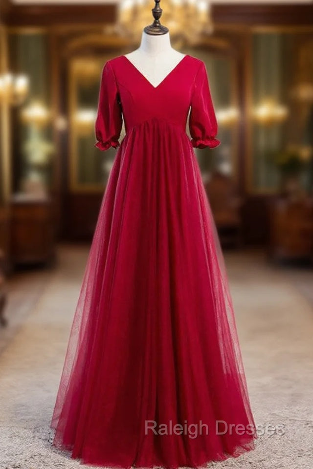 Burgundy Tulle V Neck Short Sleeve High Waist Prom Dress Main image