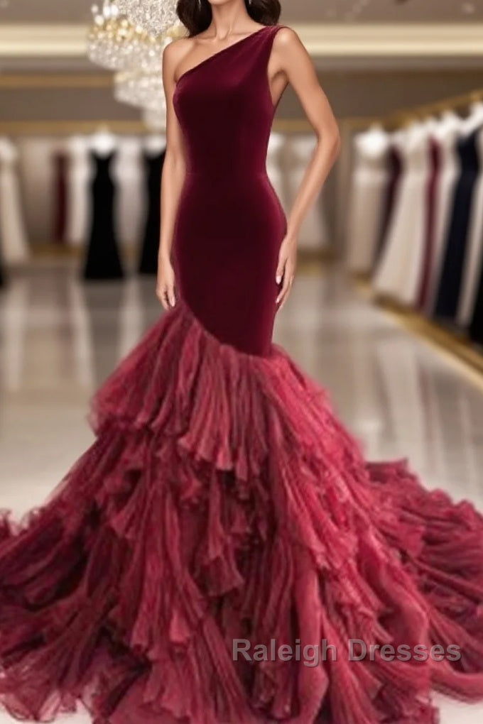 Burgundy Tulle Velvet Long Mermaid Dresses Prom Dresses Main image