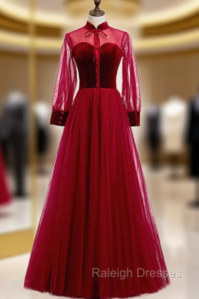 Burgundy Tulle Velvet Long Sleeve Button Prom Dress Main image