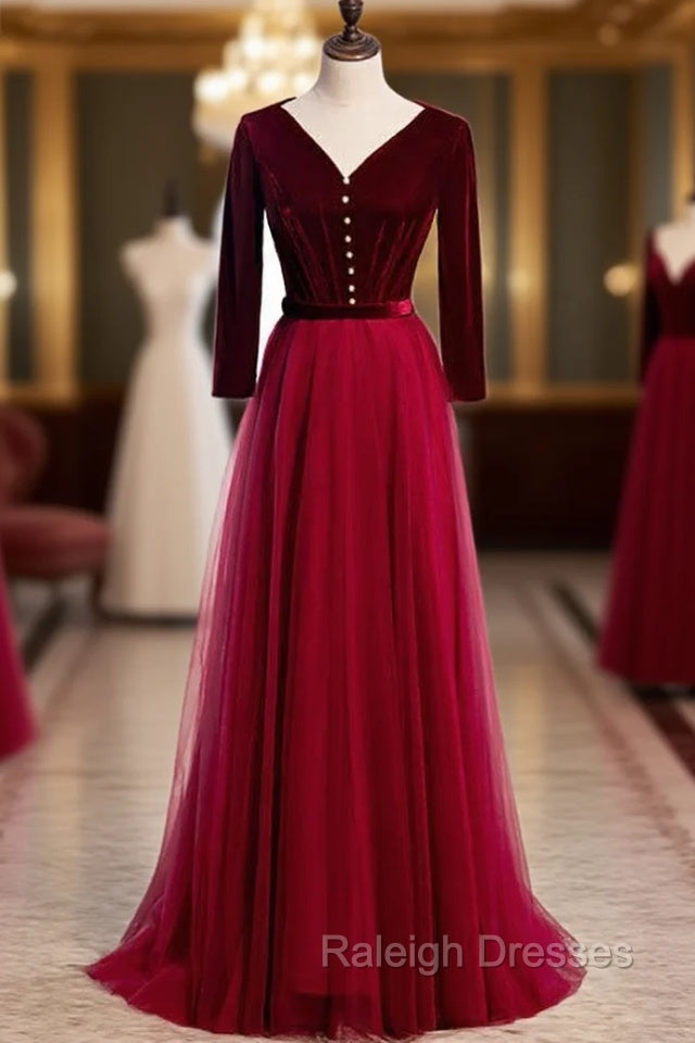Burgundy Tulle Velvet Long Sleeve Pleats Prom Dress