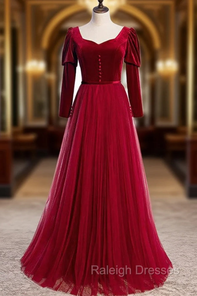 Burgundy Tulle Velvet Long Sleeve Square Long Prom Dress