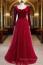 Burgundy Tulle Velvet Long Sleeve Square Long Prom Dress