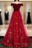 Burgundy Tulle Velvet Off the Shoulder Prom Dress