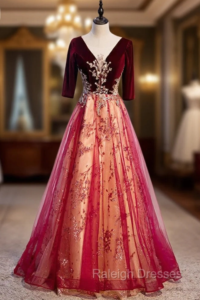 Burgundy Tulle Velvet Sequins V-neck Short Sleeve Prom Dress Main image