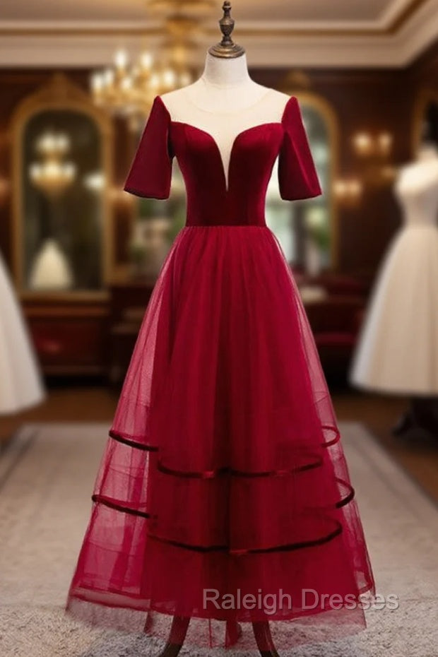 Burgundy Tulle Velvet Short Sleeve Ankle Length Prom Dress Main image