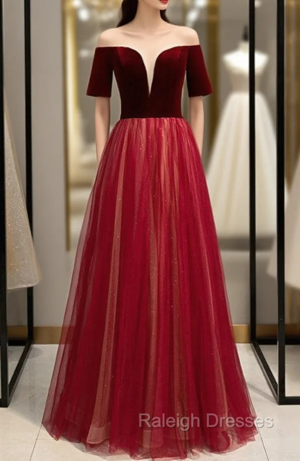 Burgundy Tulle Velvet Short Sleeve Backless Prom Dress Main image