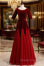 Burgundy Tulle Velvet Short Sleeve Prom Dress