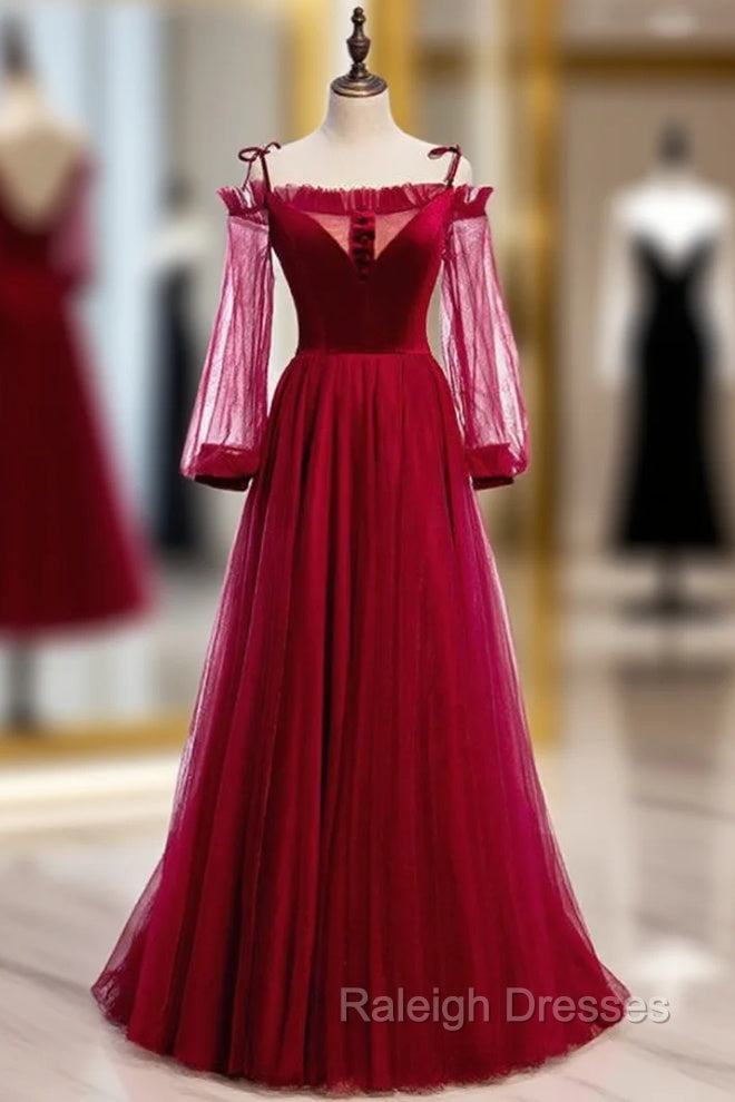 Burgundy Tulle Velvet Spaghetti Straps Long Sleeve Prom Dress Main image