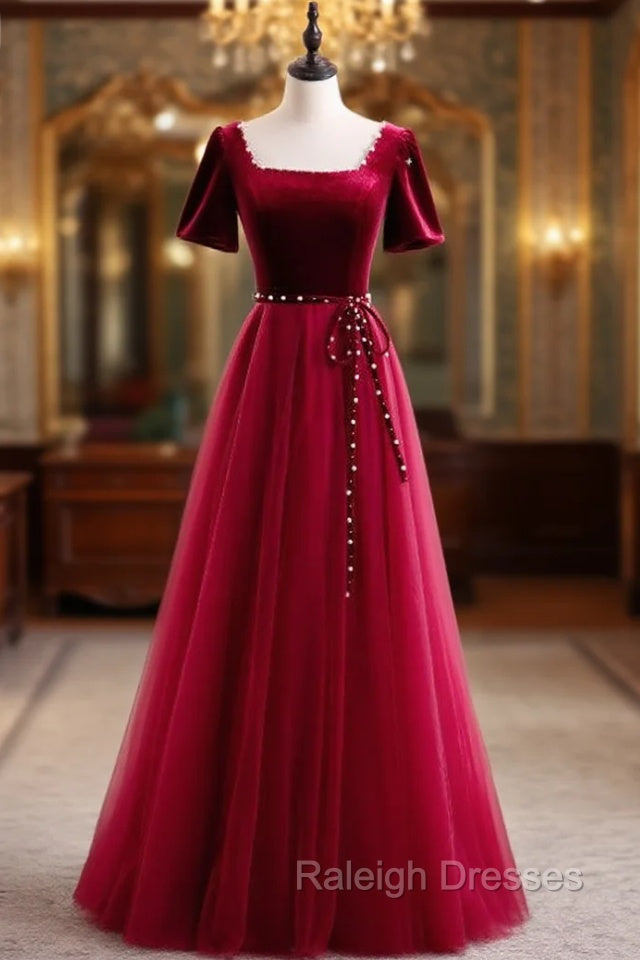 Burgundy Tulle Velvet Square Short Sleeve Prom Dress Main image