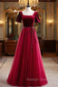 Burgundy Tulle Velvet Square Short Sleeve Prom Dress
