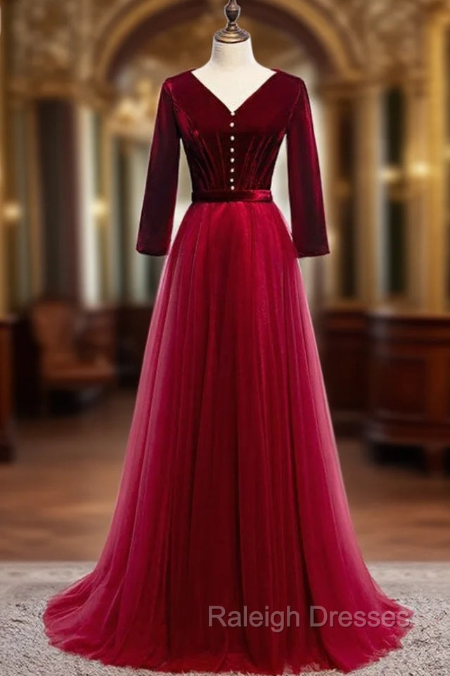 Burgundy Tulle Velvet V-neck 3/4 Sleeve Prom Dress Main image