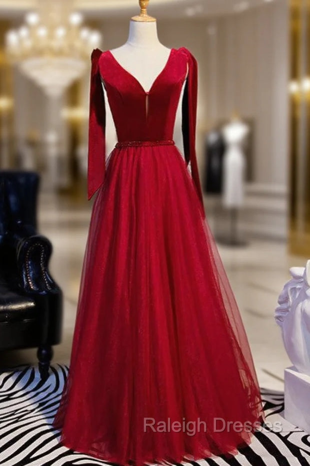 Burgundy Tulle Velvet V-neck Beading Prom Dress With Bow Main image