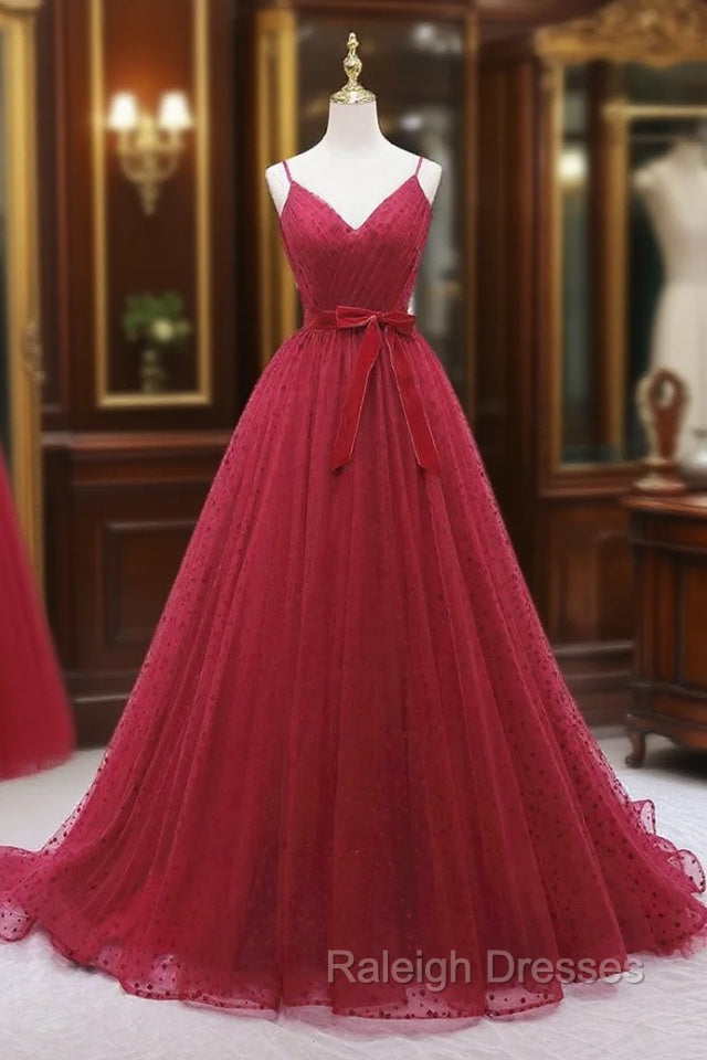 Burgundy Tulle Wave Point Prom Dress