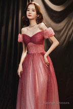 Burgundy Tulle With Beaded A-Line Party Dress, Off The Shoulder Evening Dress