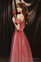 Burgundy Tulle With Beaded A-Line Party Dress, Off The Shoulder Evening Dress