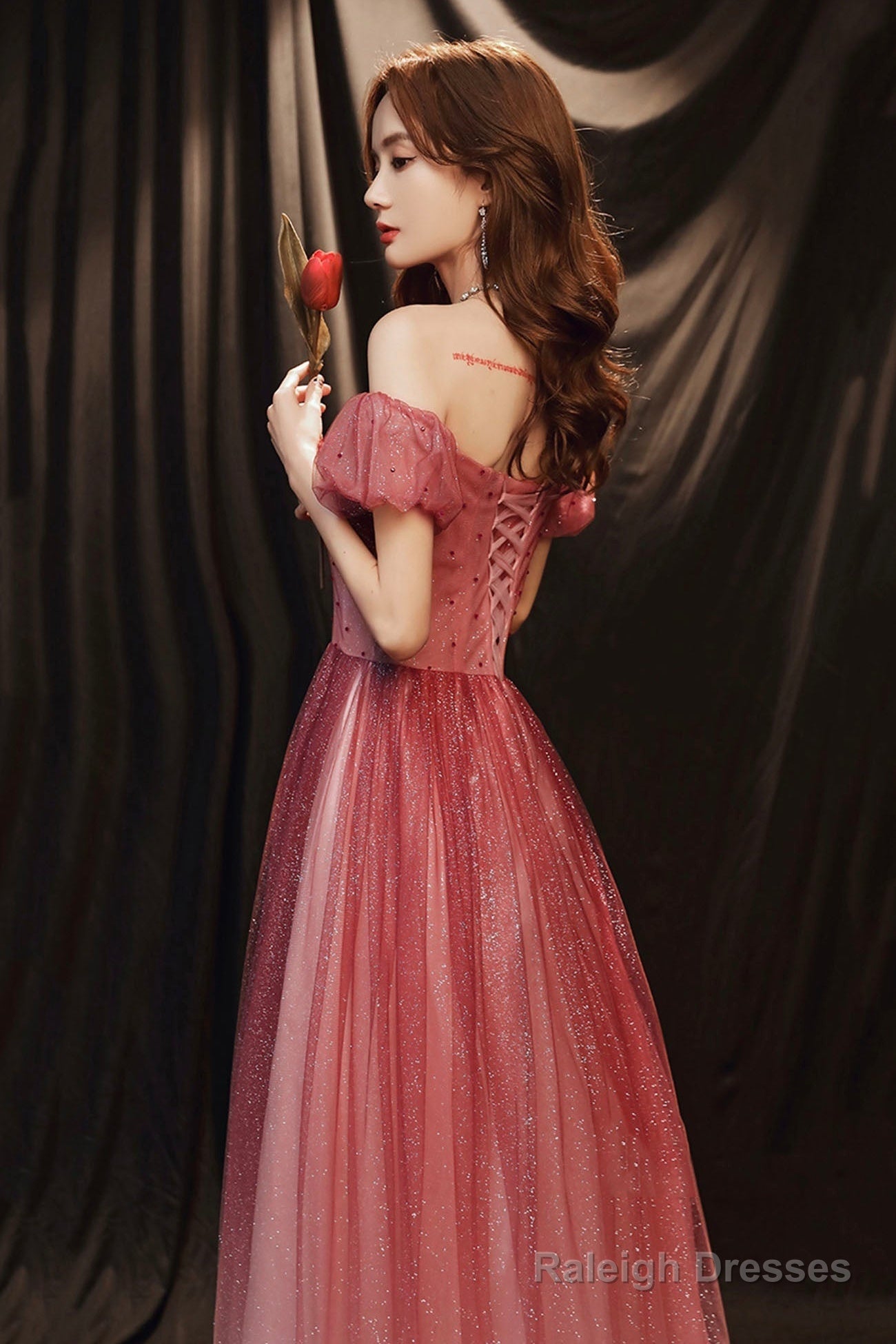 Burgundy Tulle With Beaded A-Line Party Dress, Off The Shoulder Evening Dress