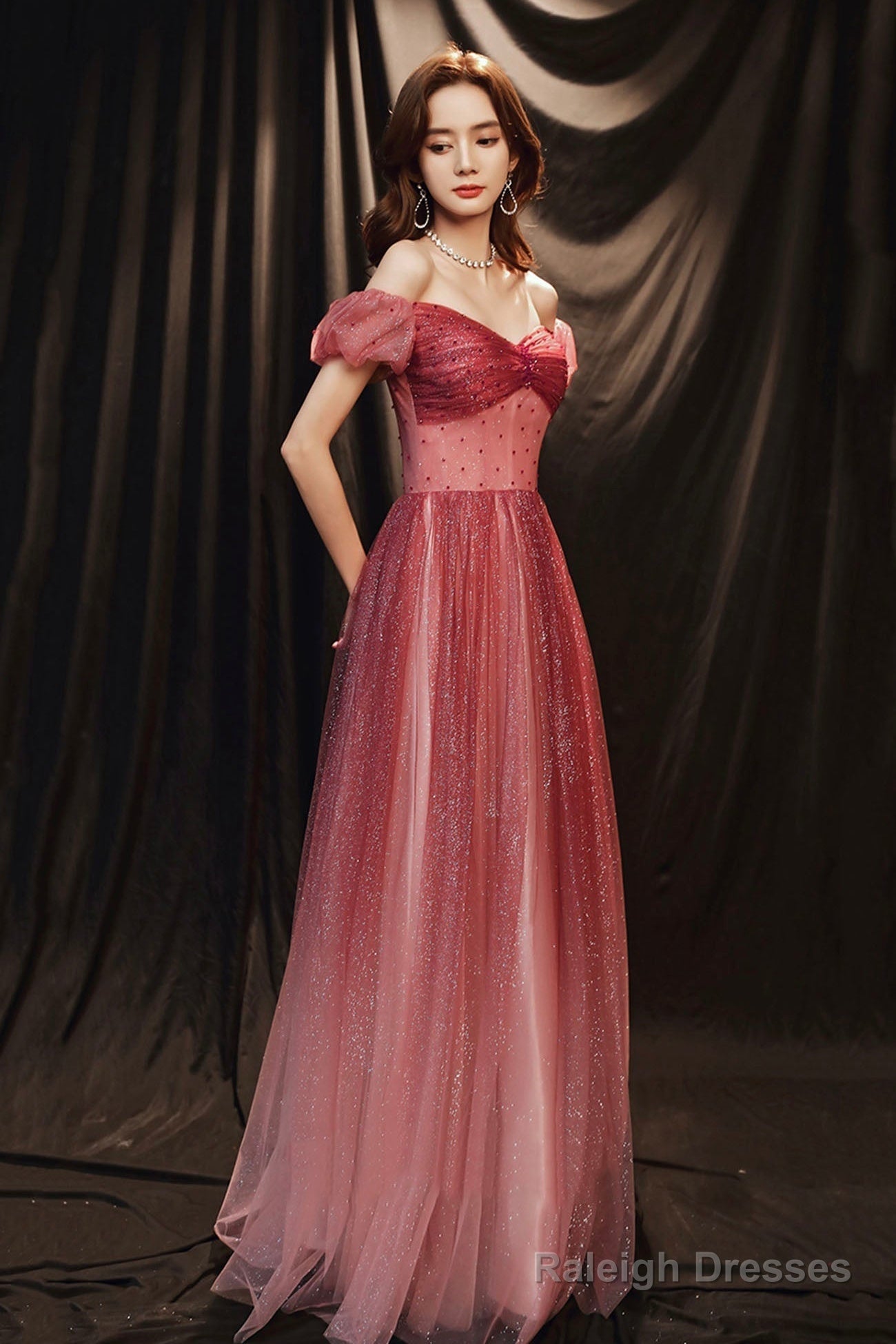 Burgundy Tulle With Beaded A-Line Party Dress, Off The Shoulder Evening Dress