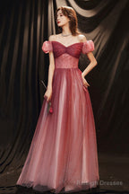 Burgundy Tulle With Beaded A-Line Party Dress, Off The Shoulder Evening Dress