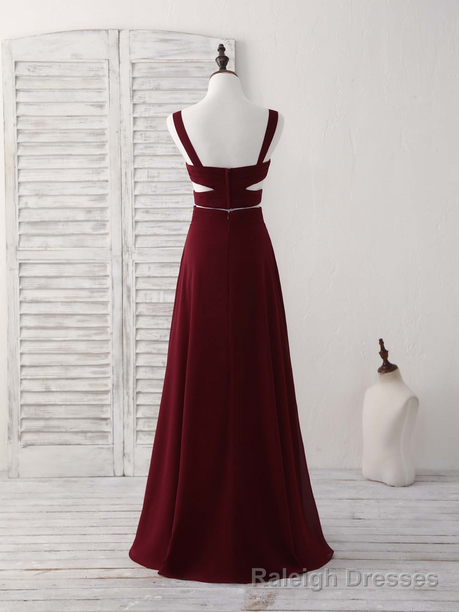 Burgundy Two Pieces Chiffon Long Prom Dress, Evening Dress