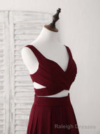 Burgundy Two Pieces Chiffon Long Prom Dress, Prom Dress