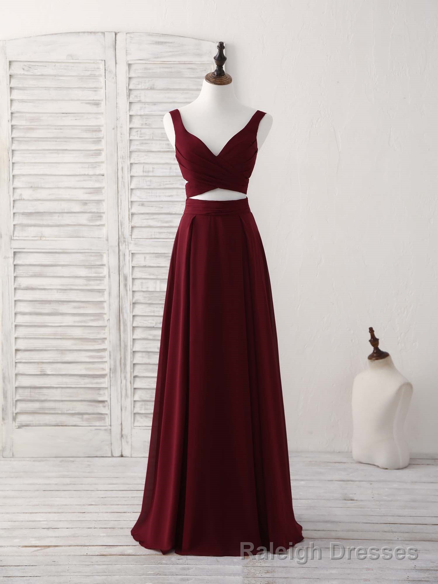 Burgundy Two Pieces Chiffon Long Prom Dress, Evening Dress Secondary image