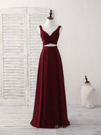 Burgundy Two Pieces Chiffon Long Prom Dress, Evening Dress