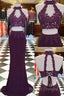 Burgundy Two Pieces Lace Long Prom Dress, Evening Dress