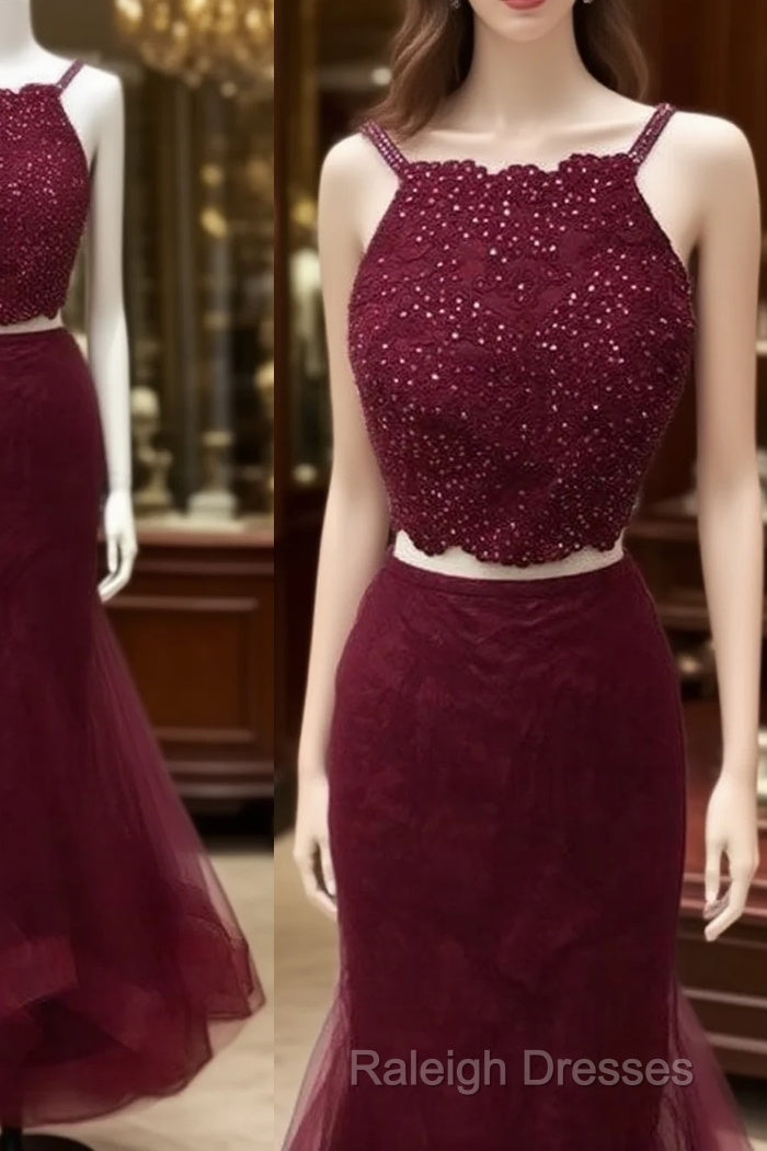 Burgundy Two Pieces Lace Tulle Long Prom Dress