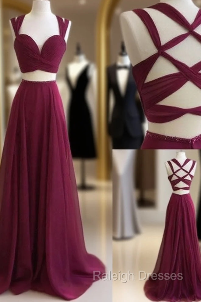 Burgundy Two Pieces Long Prom Dress, Burgundy Prom Dress